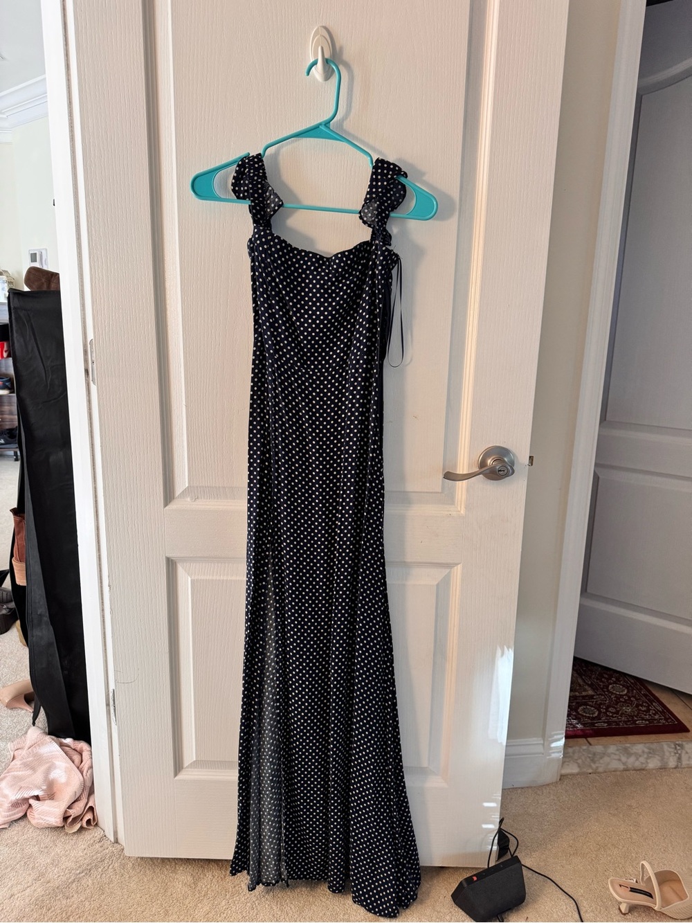 Black Polka Dot Maxi Dress with Ruffle Straps
